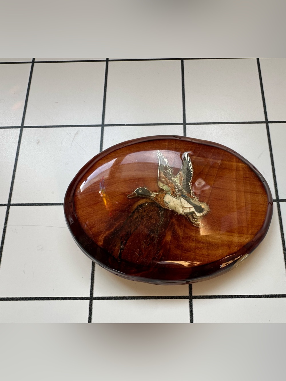 Vintage 1970s Wood Inlay Mallard Belt Buckle Handmade Resin Lacquer Cabin Chic